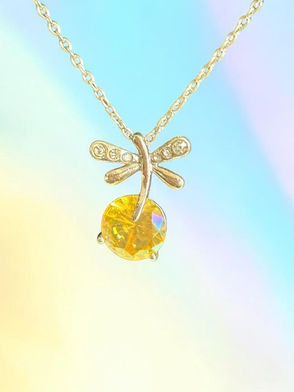 Yellow Crystal Dragonfly Pendant Necklace w/ Rhinestones Silver Tone  18” | Avon